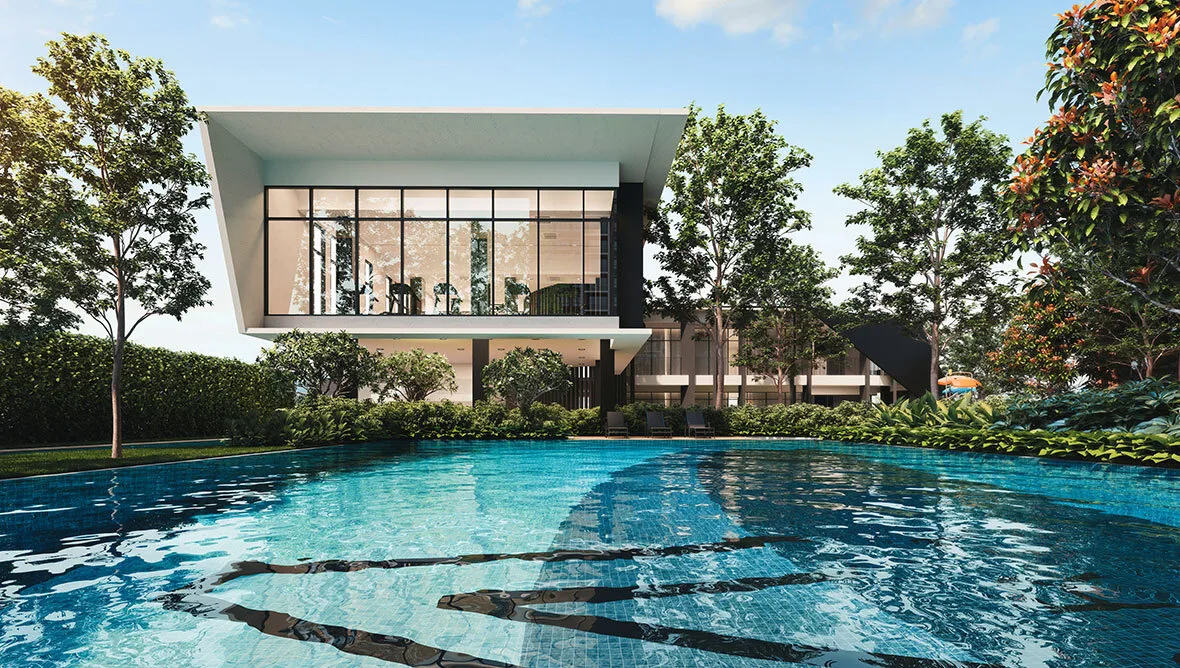 Pool in front of the glass pavilion at M Terra